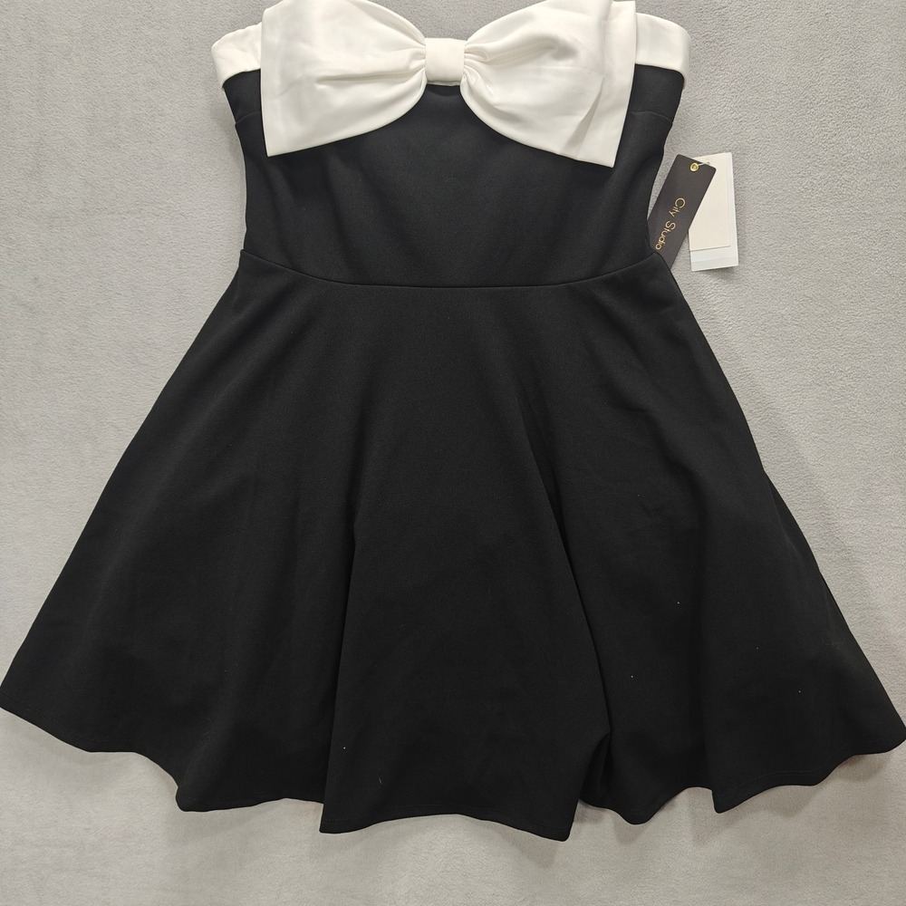 Black White Bow Babydoll Mini Dress 11/12 Event NYE Glam Cocktail LBD Statement - Picture 3 of 11